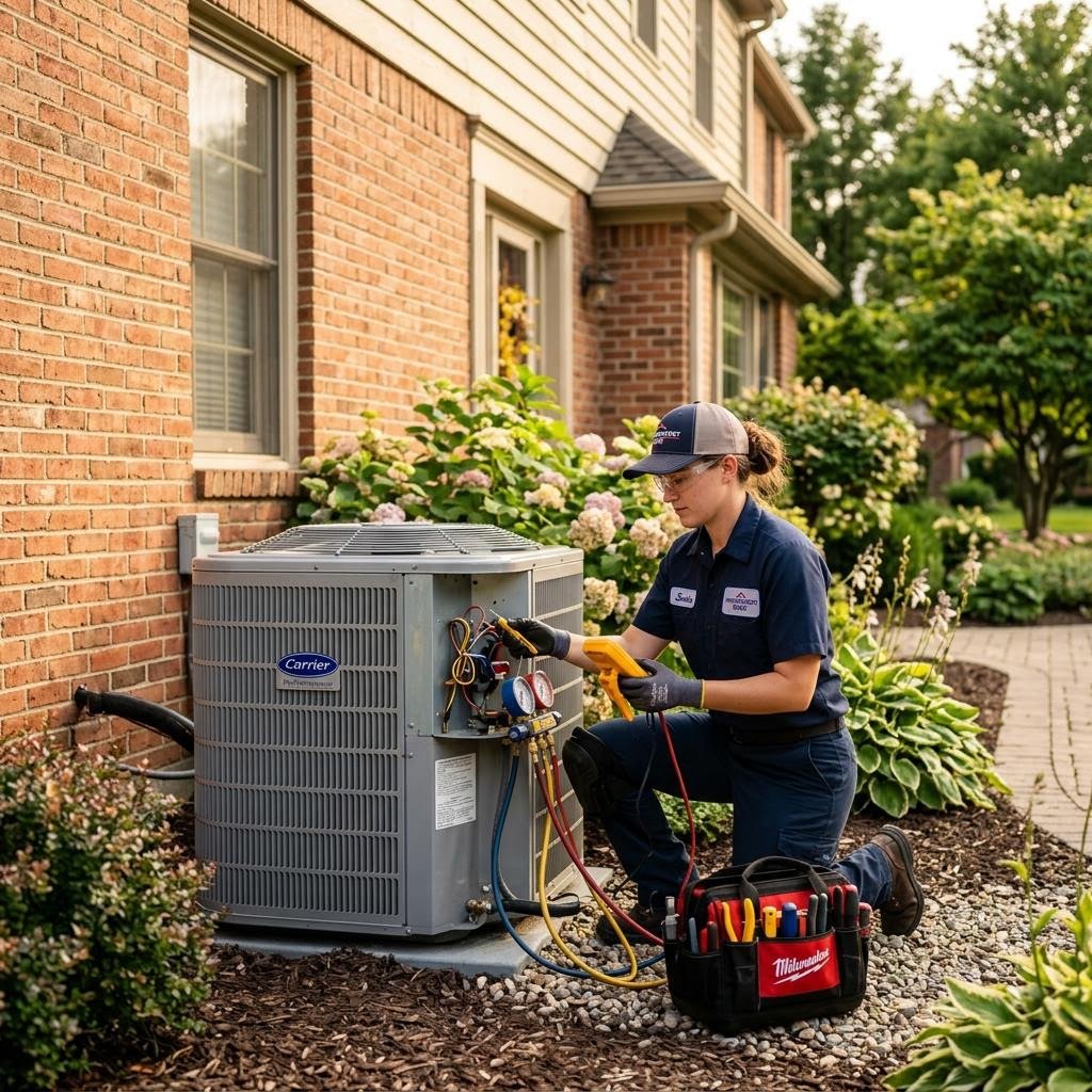 Professional HVAC technician working on residential unit